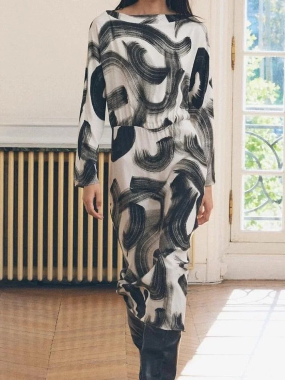 Zara ZW Collection Black & White Boatneck Abstract Brushstroke Midi Dress Size S